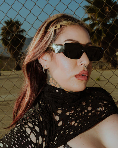 Deathray black rectangular sunglasses worn outdoors, The Pretty Cult