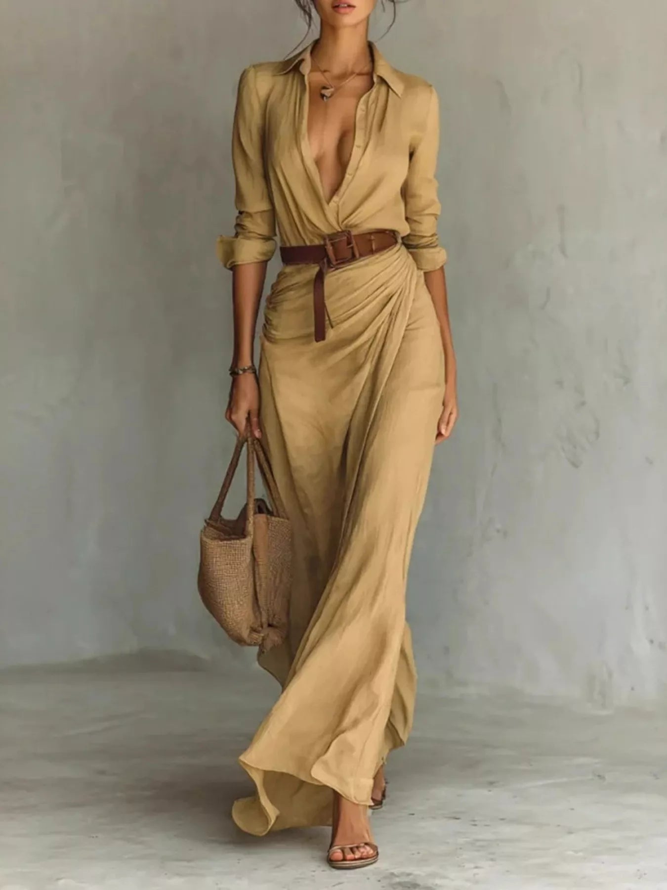 Simone belted wrap maxi dress in khaki brown with long sleeves and a ruched waist, by Pinup Girl Clothing
