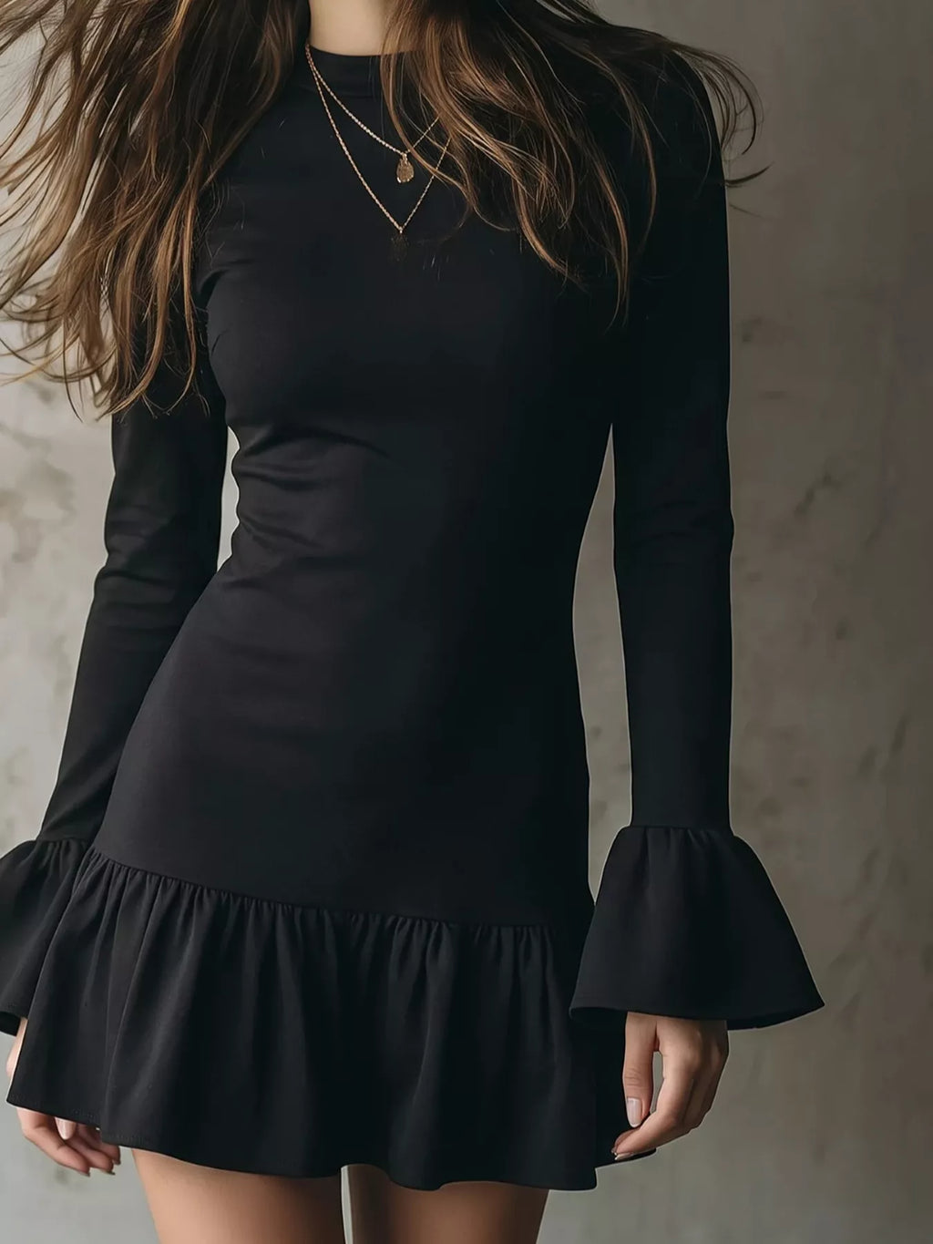 Ravenna bell sleeve ruffle hem mini dress in black front view, close