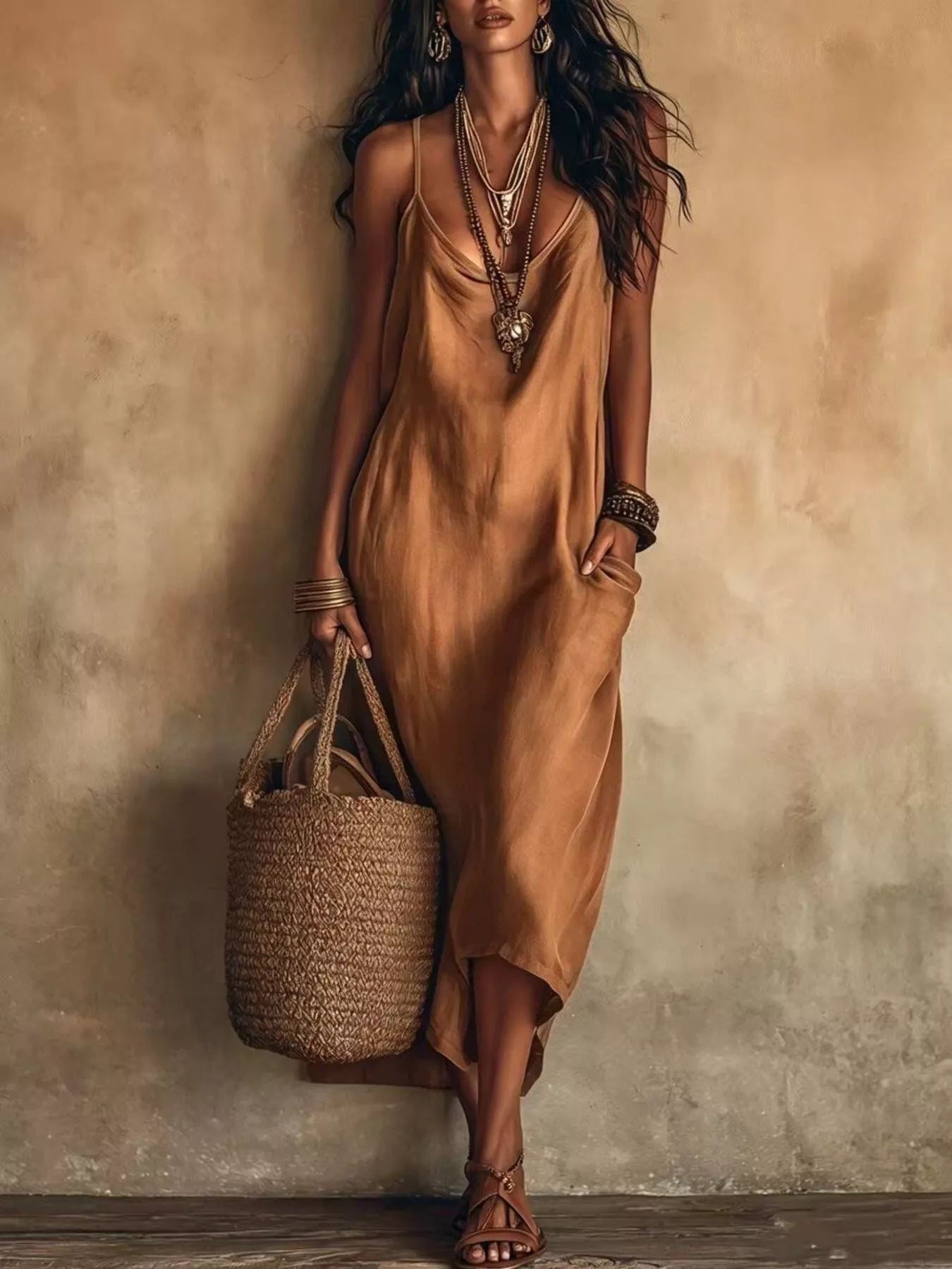 Marlowe satin slip midi dress with pockets in copper brown by Pinup Girl Clothing
