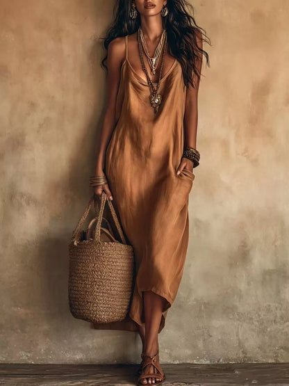 Marlowe satin slip midi dress with pockets in copper brown by Pinup Girl Clothing
