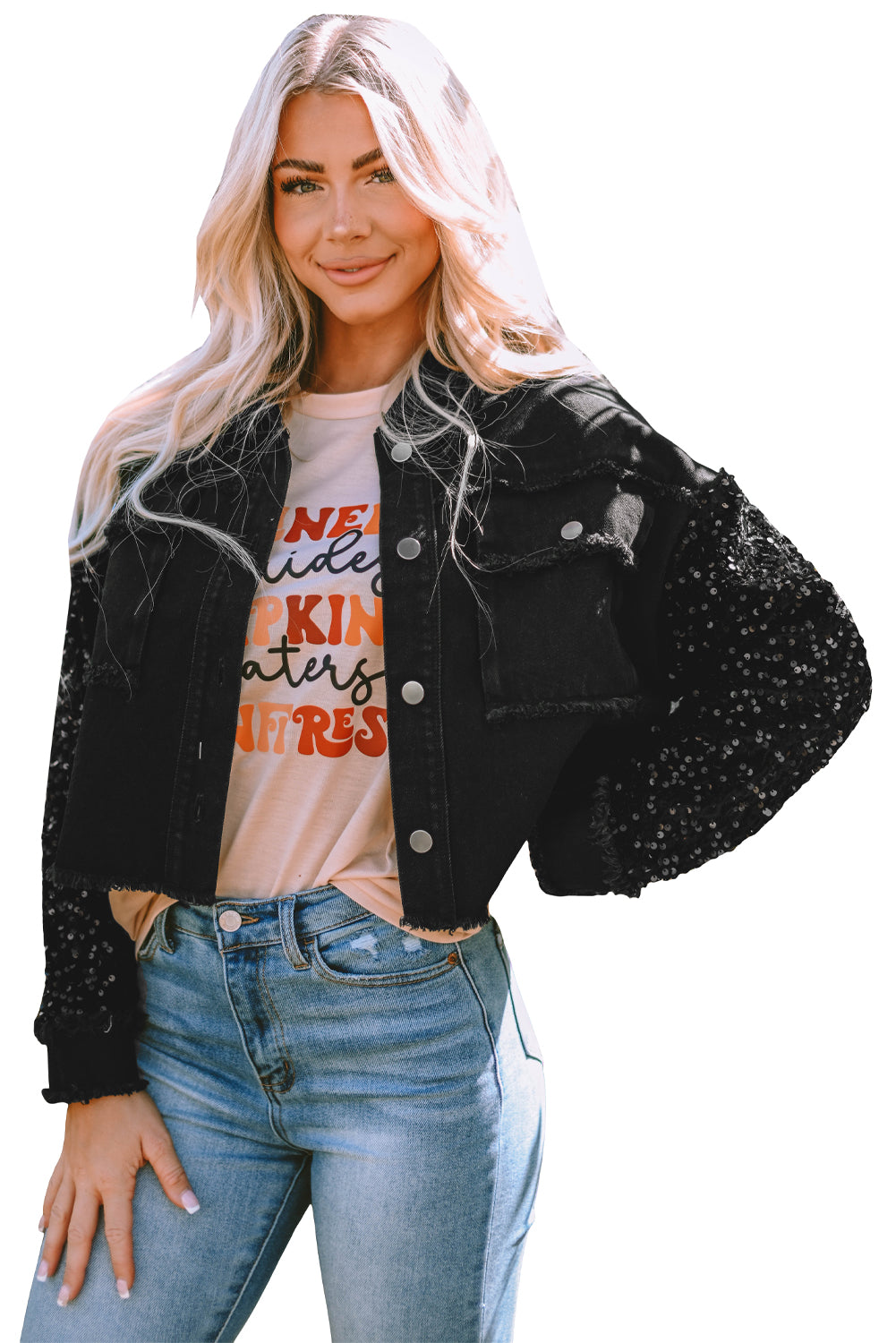 Rare Tour Sequin Sleeve Raw Hem Denim Jacket