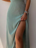 The Old Hollywood ruched slit gown by Pinup Girl Clothing, sizes XS to 4X.