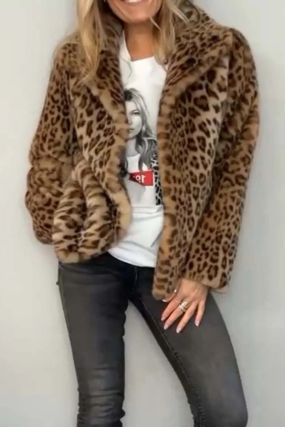 Alessia Full Size Leopard Furry Collared Neck Long Sleeve Coat | 5 Colors