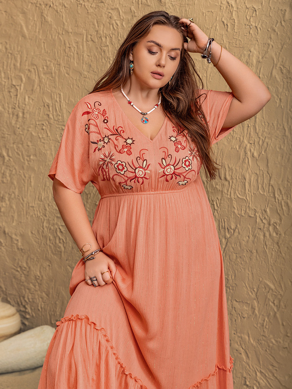 Frolic coral maxi dress with flutter sleeves and V neckline, three-quarter view