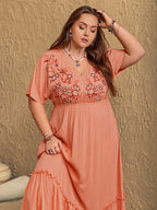 Frolic coral maxi dress with flutter sleeves and V neckline, three-quarter view