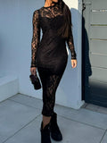 Lace Round Neck Long Sleeve Midi Dress | Poundton