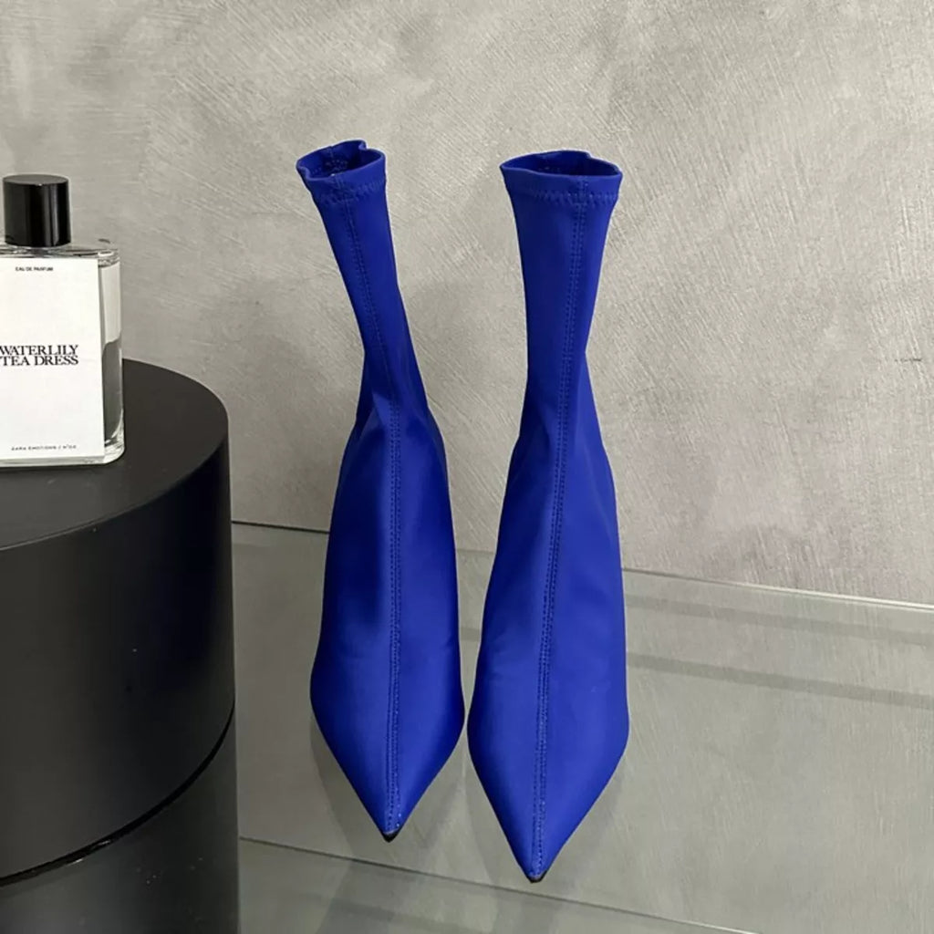 Siren pointed toe stretch sock boots in cobalt blue, pair