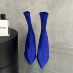 Siren pointed toe stretch sock boots in cobalt blue, pair