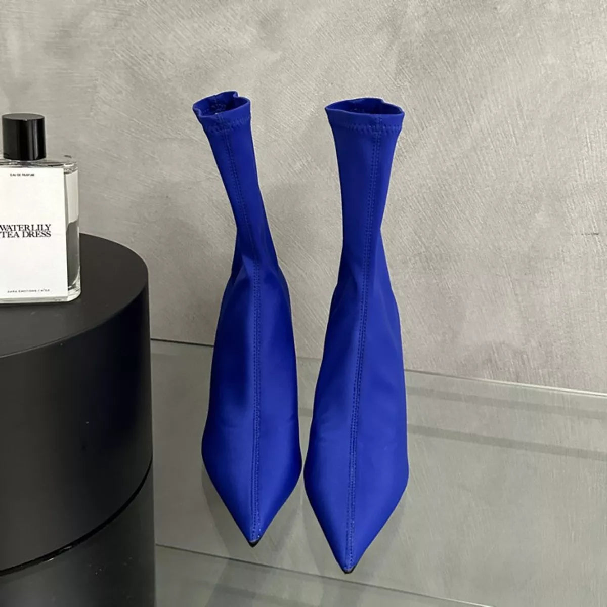 Siren pointed toe stretch sock boots in cobalt blue, pair
