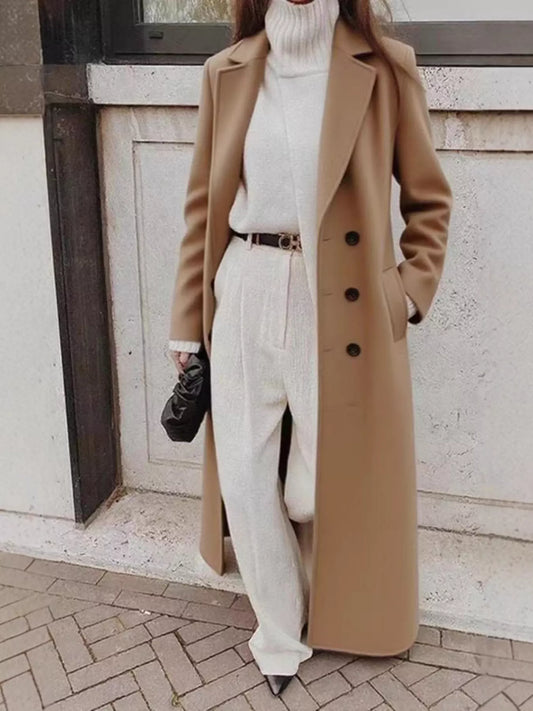 Late Show double-breasted longline coat in khaki brown by Pinup Girl Clothing