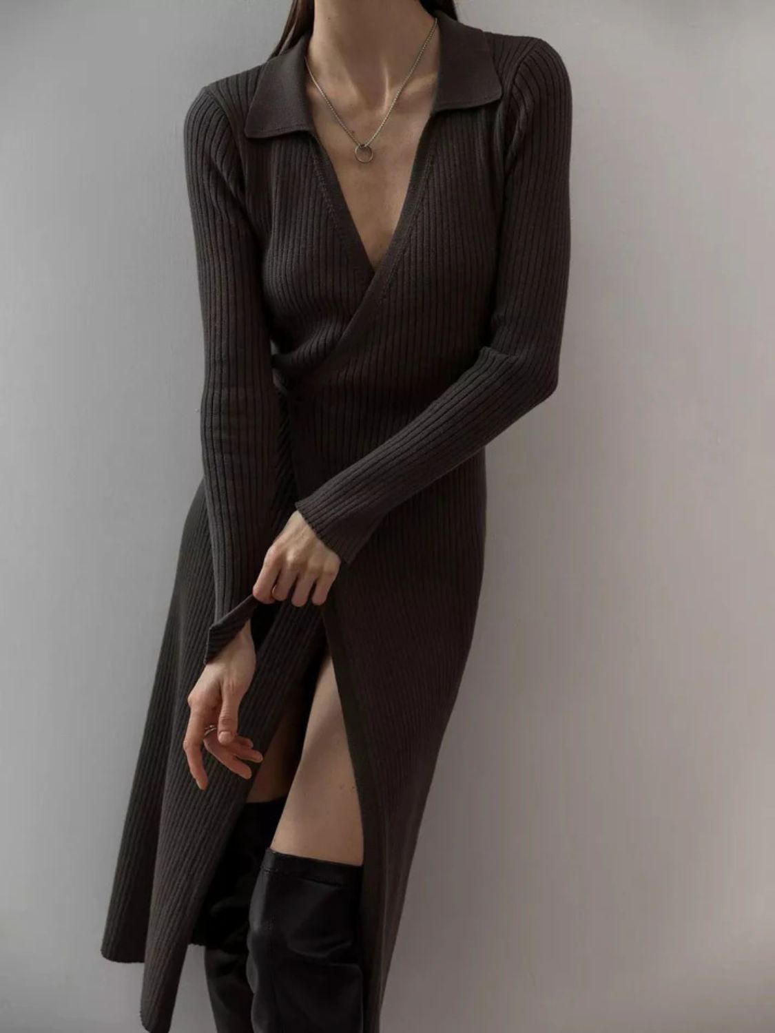 Maya Tied Collared Neck Long Sleeve Sweater Dress | 3 Colors