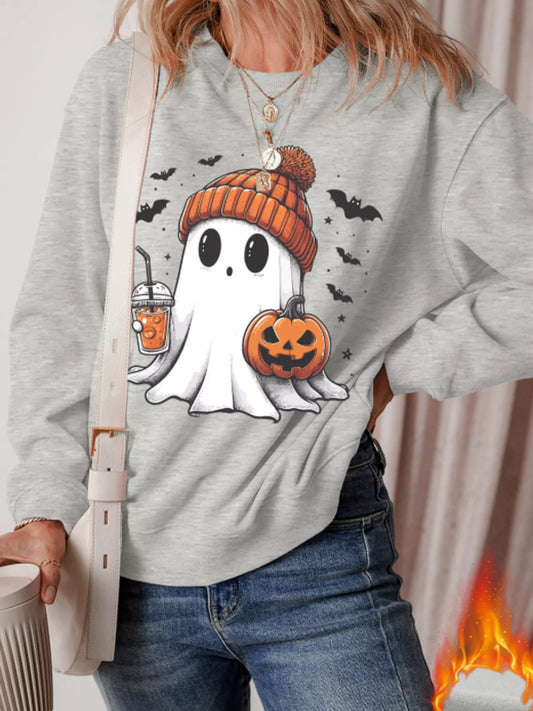 Boo Crew ghost and pumpkin crewneck sweatshirt in gray by Pinup Girl Clothing