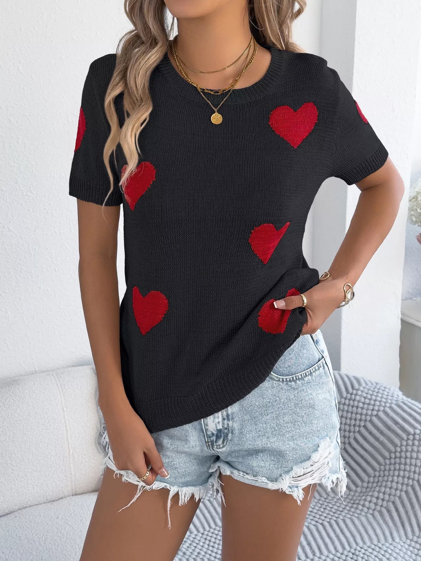 Amour Cherie heart-print short-sleeve knit top by Pinup Girl Clothing