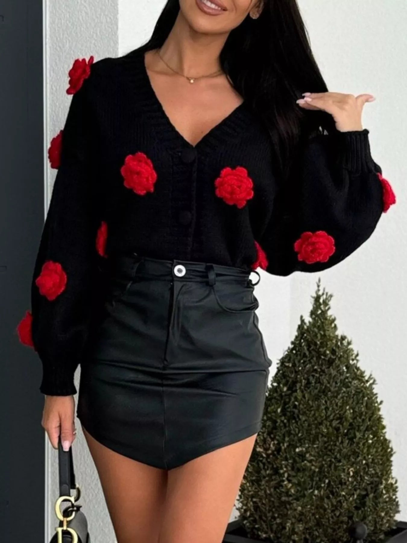 Rosebud V-neck button cardigan with 3D roses in black by Pinup Girl Clothing