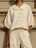 Drawstring waist detail on the Bettina gingham wide-leg pants, by Pinup Girl Clothing