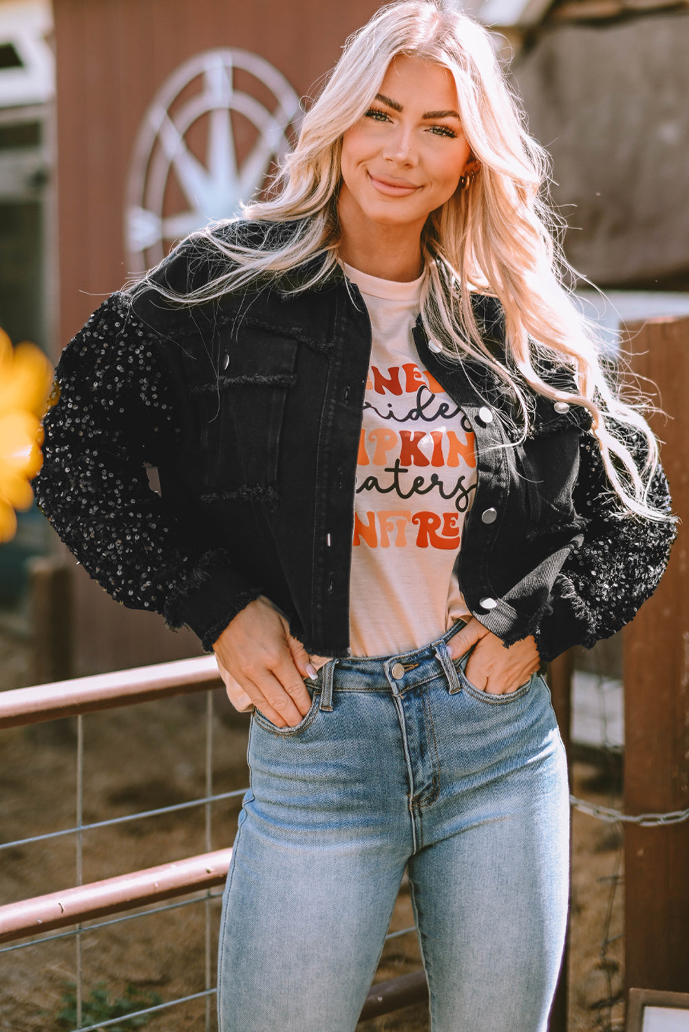 Rare Tour Sequin Sleeve Raw Hem Denim Jacket