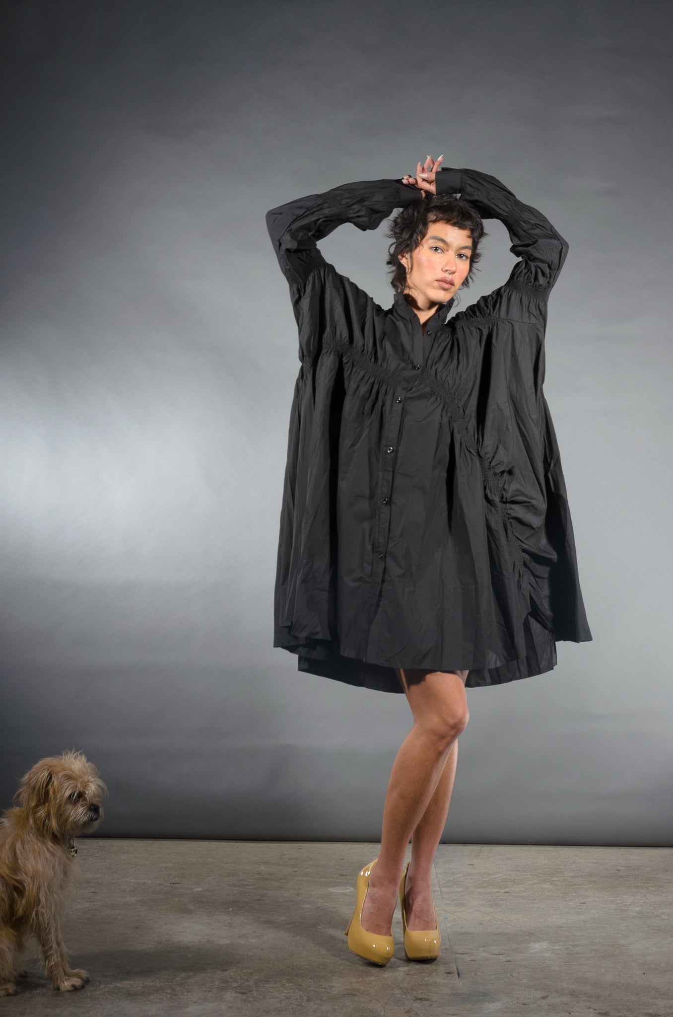 Hotaru Hedges Long Sleeve Cotton Pleated Shirt Dress in Black | Marigold Shadows
