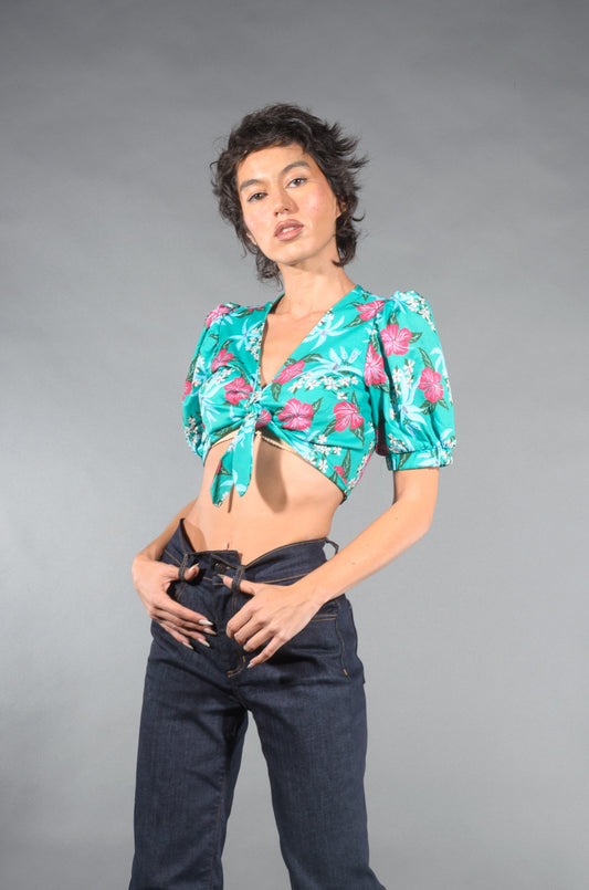 OYS - Final Sale - Hayworth Short Sleeve Tie Top in Tropical Hibiscus Print on Crepe | Laura Byrnes & Hope Johnstun