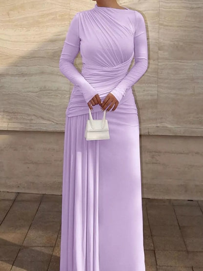 Ruched long-sleeve maxi dress in lavender by Pinup Girl Clothing.