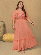 Frolic embroidered tiered maxi dress in coral, front view