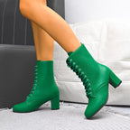 Victoria lace-up block heel granny boots in kelly green, side view