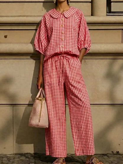 Bettina gingham blouse and wide-leg pants set in red gingham, by Pinup Girl Clothing