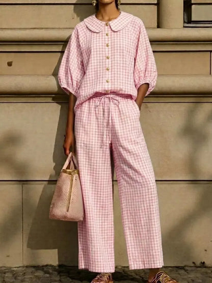 Bettina gingham blouse and wide-leg pants set in pink gingham, by Pinup Girl Clothing