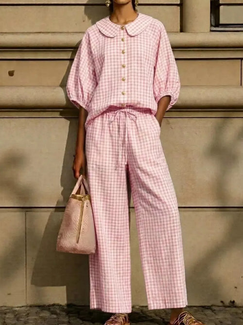 Bettina gingham blouse and wide-leg pants set in pink gingham, by Pinup Girl Clothing