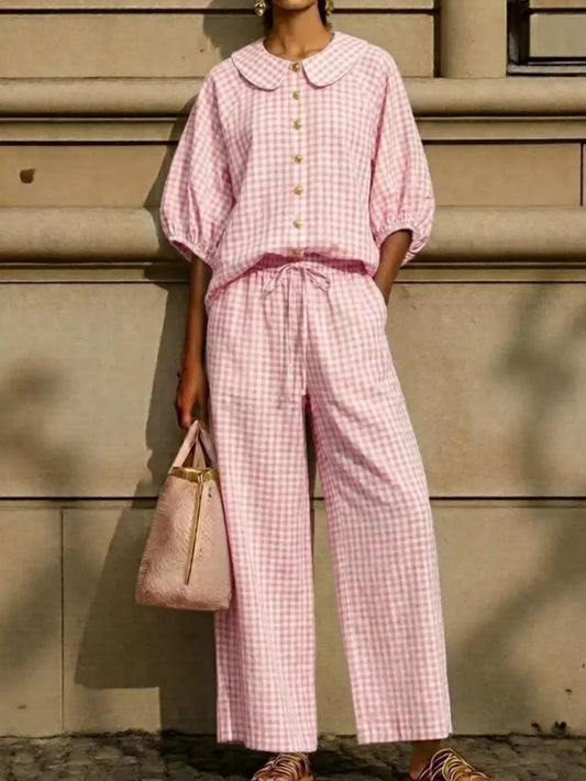 Bettina gingham blouse and wide-leg pants set in pink gingham, by Pinup Girl Clothing