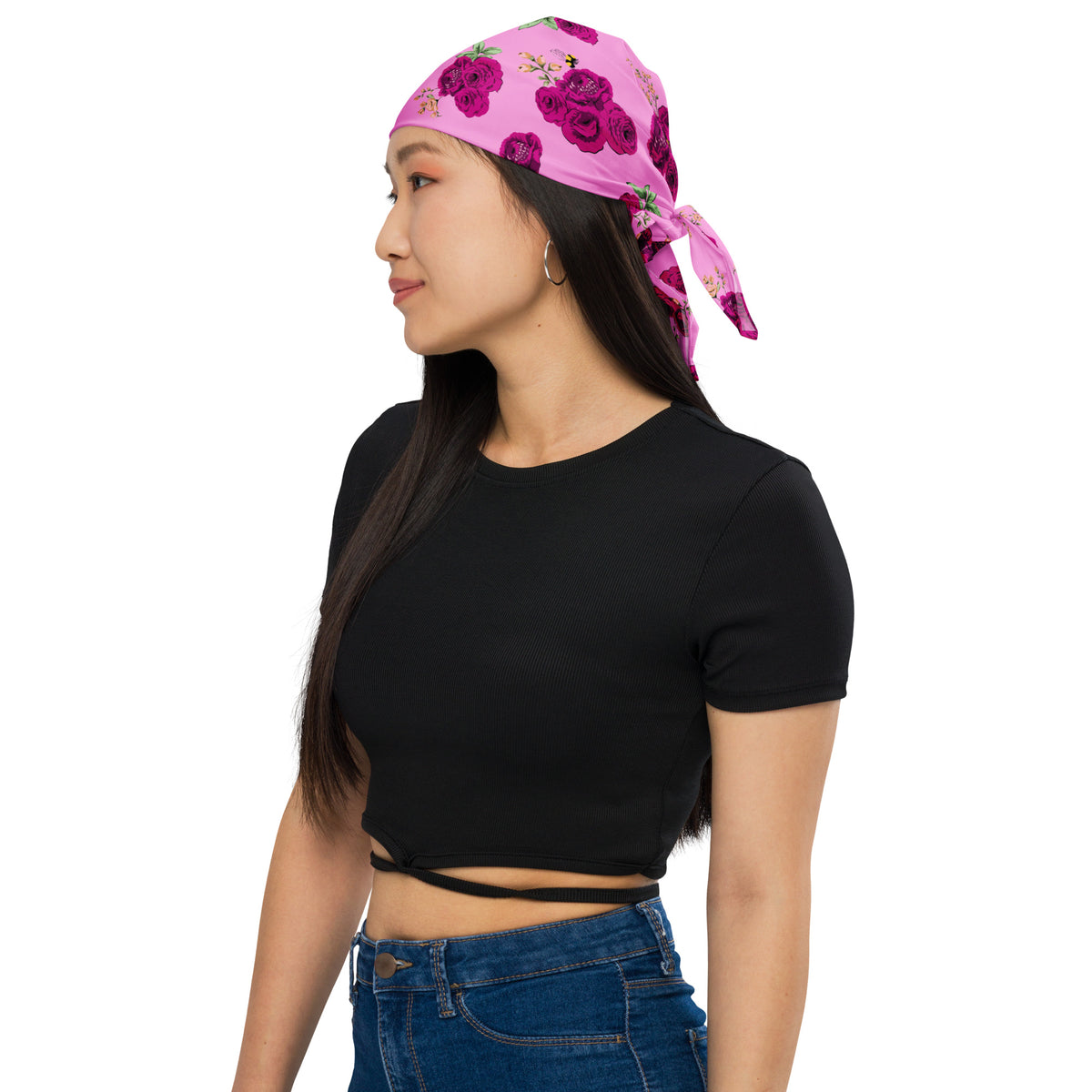 Pink Bee Floral bandana in soft microfiber with a rose print, by Pinup Girl Clothing