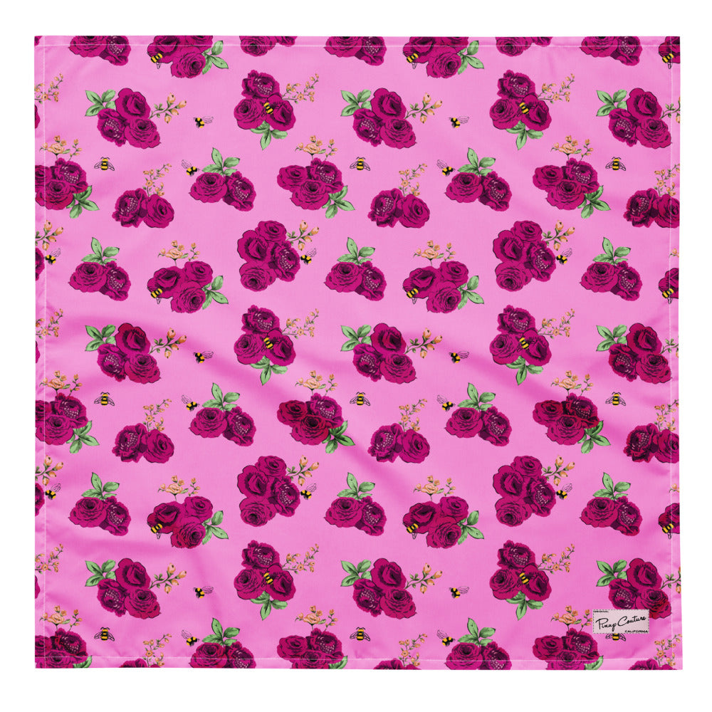 Pink Bee Floral bandana in soft microfiber with a rose print, by Pinup Girl Clothing