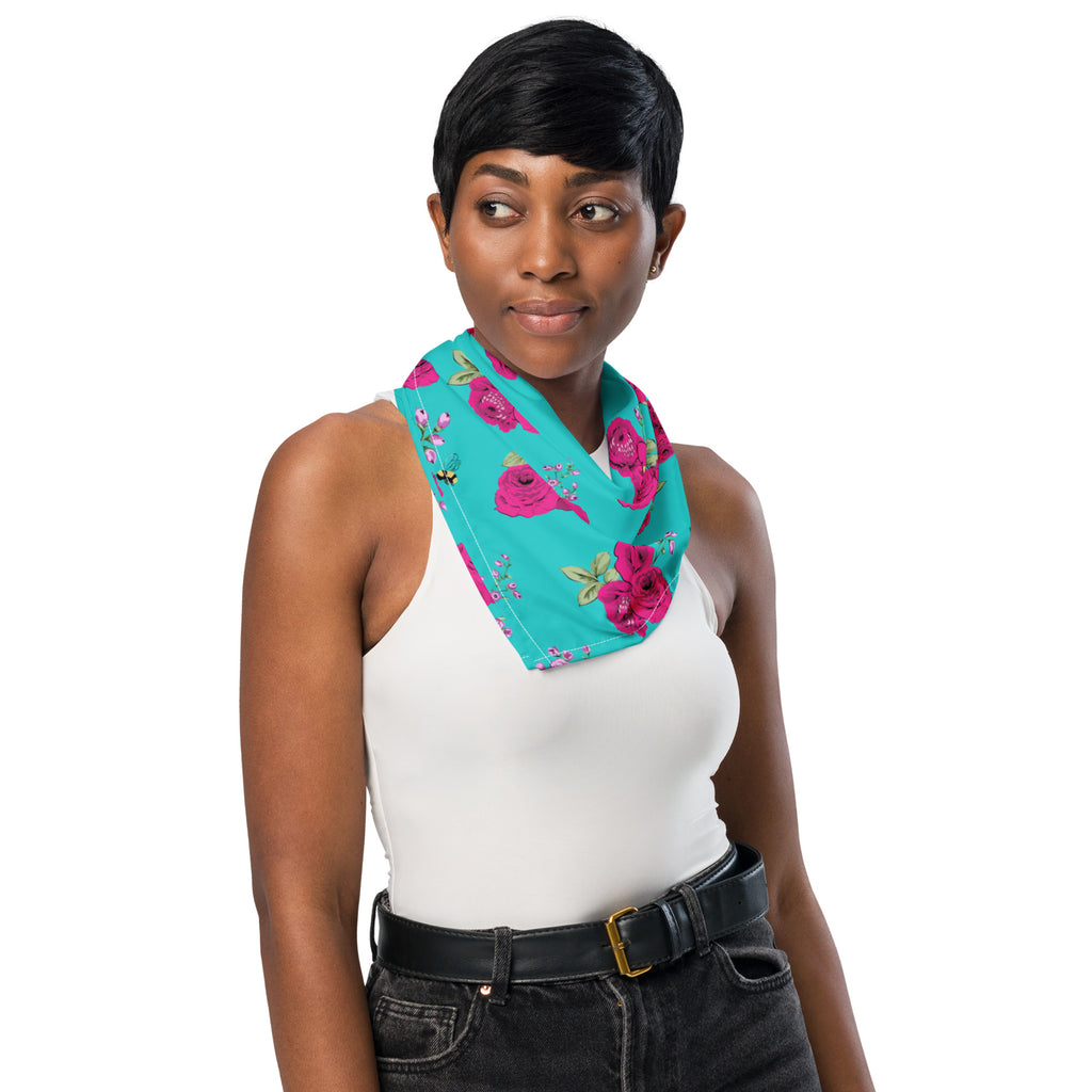Turquoise Bee Floral bandana in soft microfiber with a rose print, by Pinup Girl Clothing