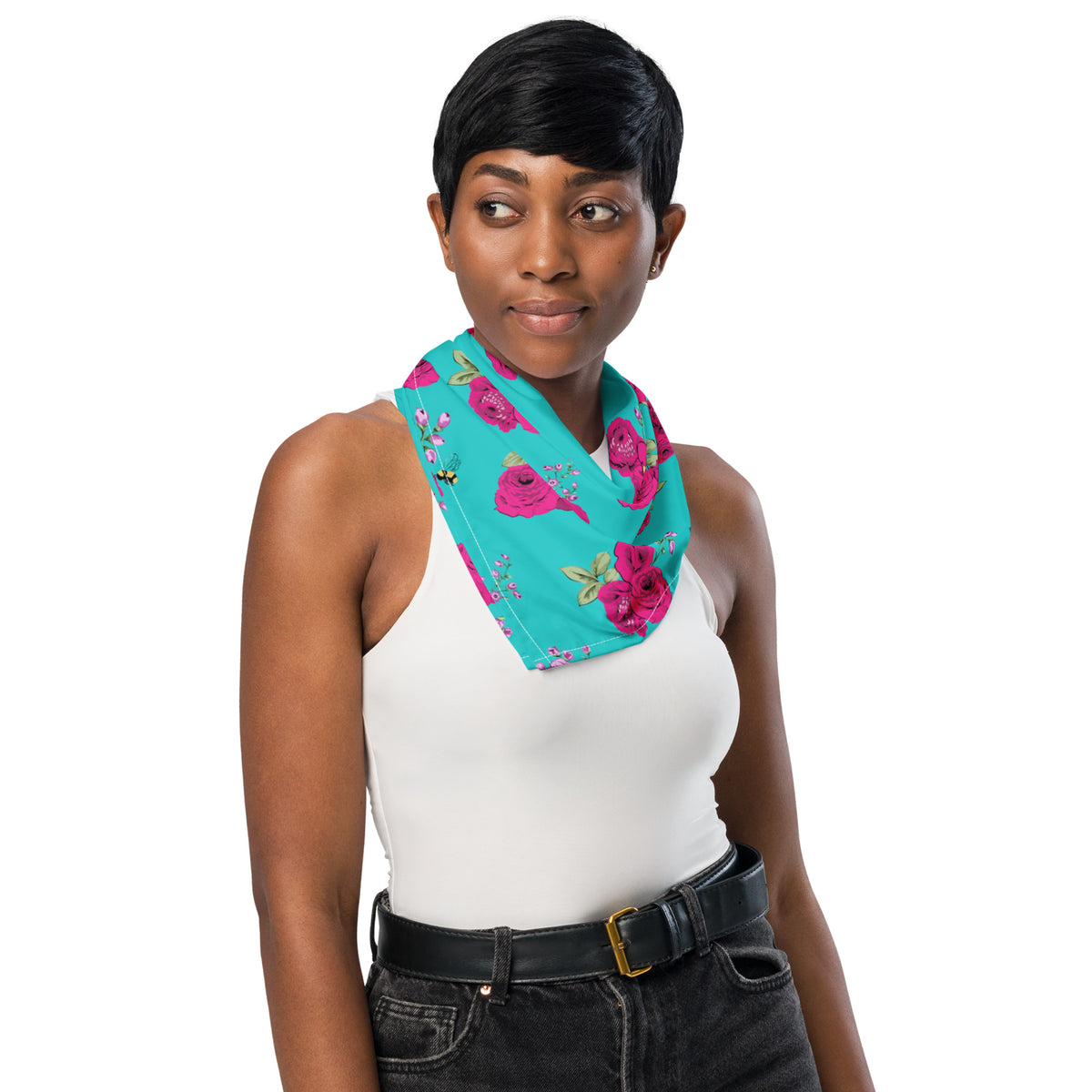 Turquoise Bee Floral bandana in soft microfiber with a rose print, by Pinup Girl Clothing