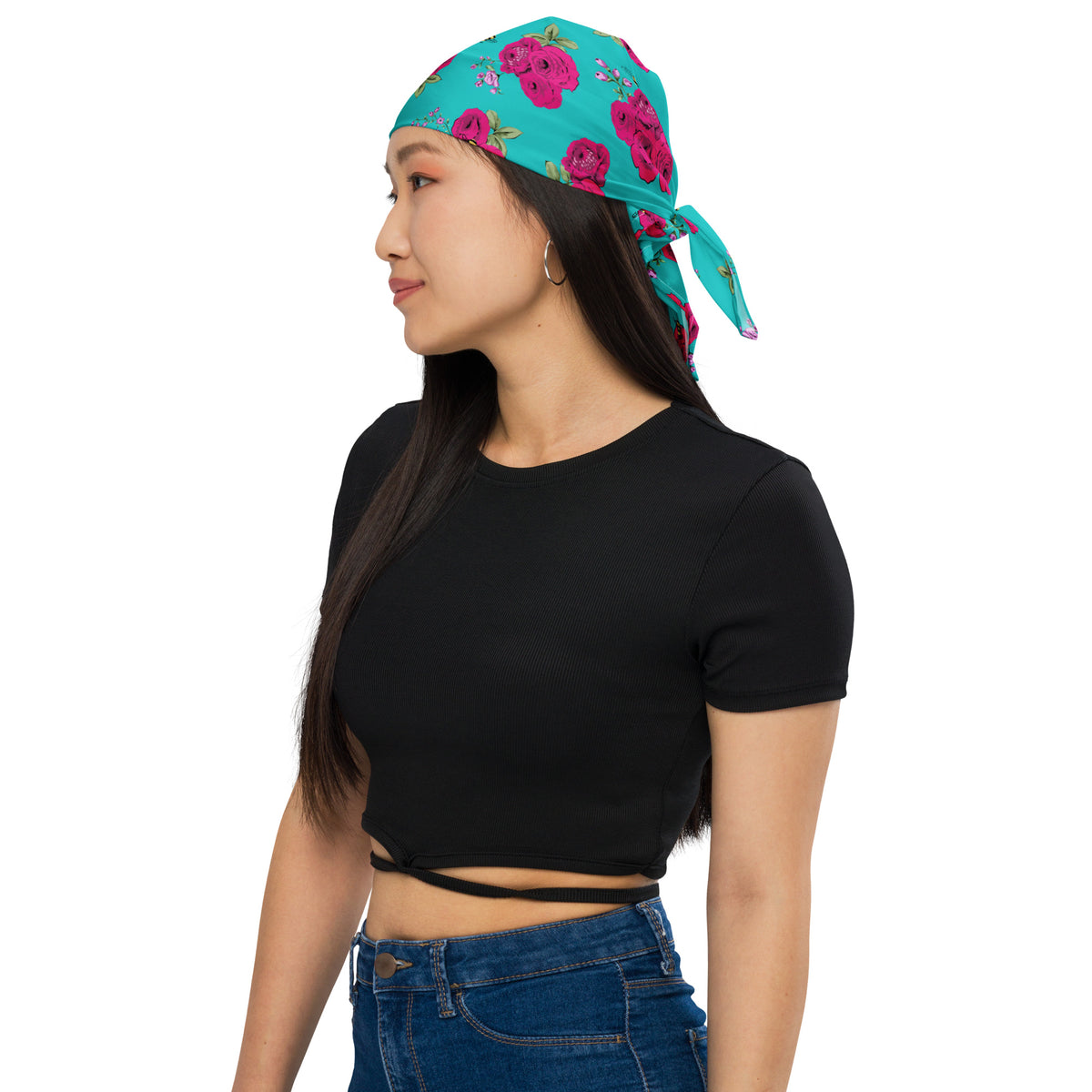 Turquoise Bee Floral bandana in soft microfiber with a rose print, by Pinup Girl Clothing