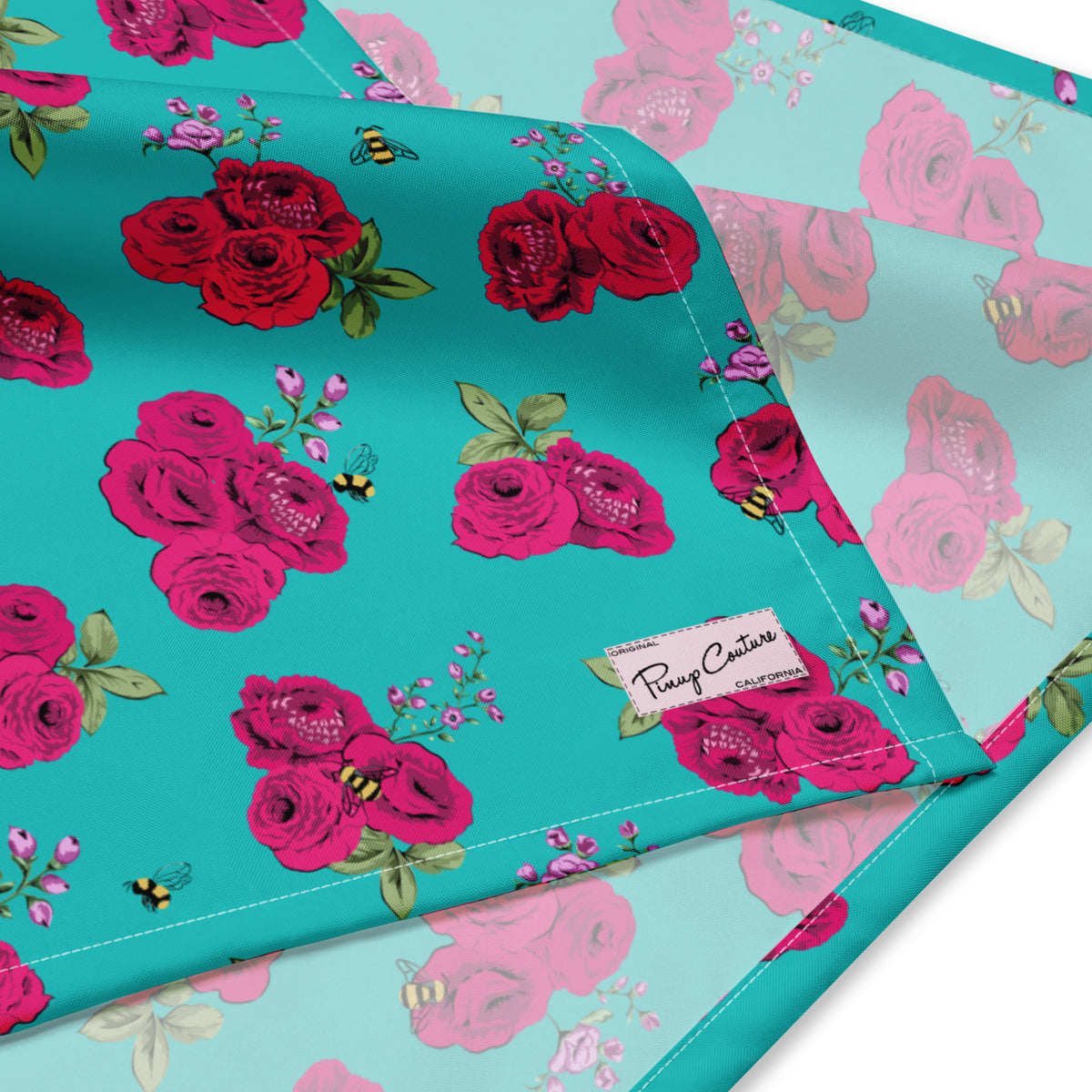 Turquoise Bee Floral bandana fabric and print detail, by Pinup Girl Clothing