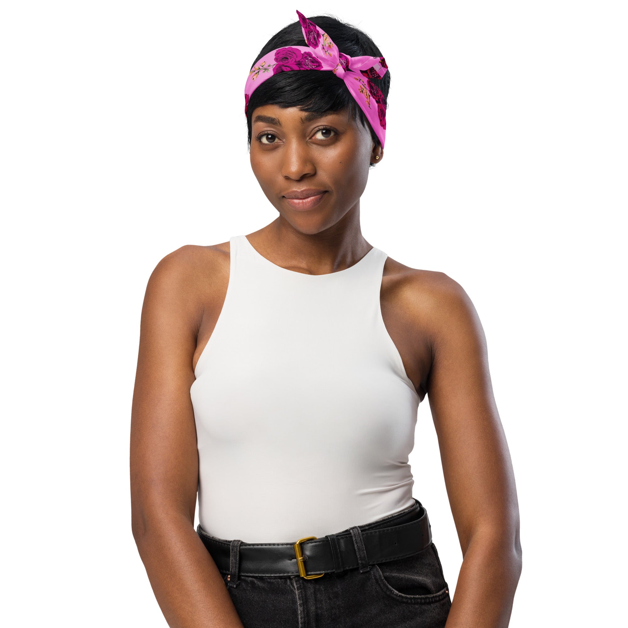 Pink Bee Floral bandana in soft microfiber with a rose print, by Pinup Girl Clothing
