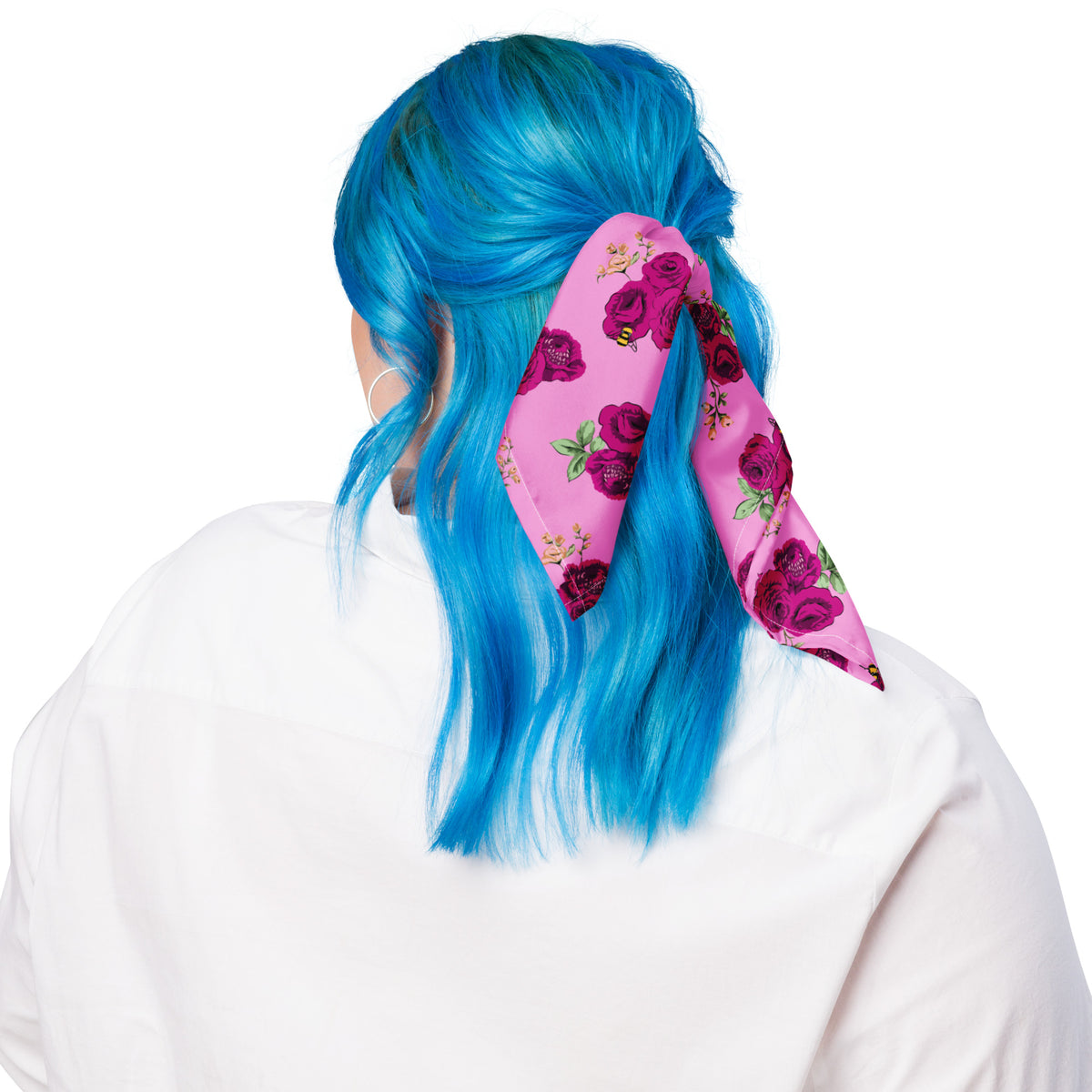 Pink Bee Floral bandana in soft microfiber with a rose print, by Pinup Girl Clothing