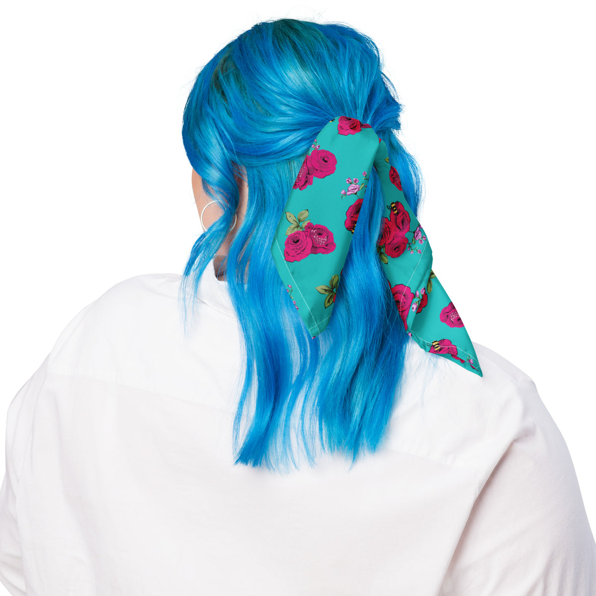 Turquoise Bee Floral bandana in soft microfiber with a rose print, by Pinup Girl Clothing