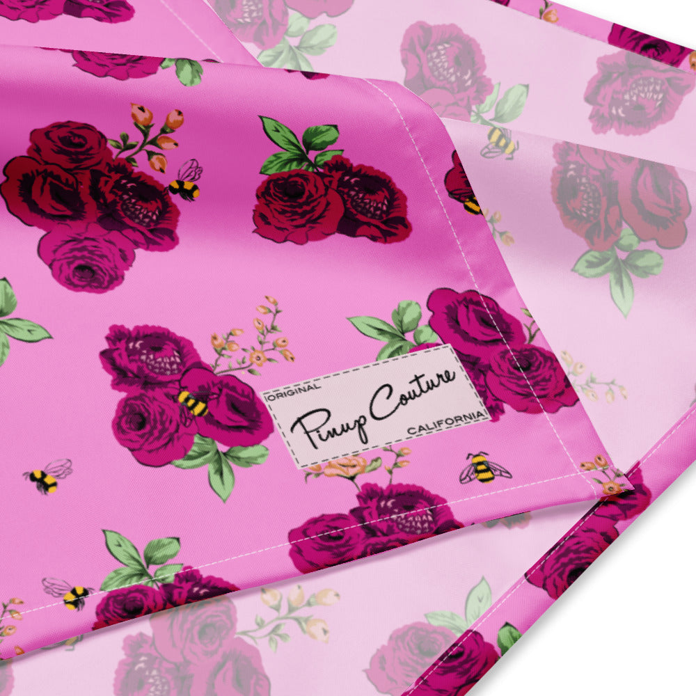 Pink Bee Floral bandana fabric and print detail, by Pinup Girl Clothing