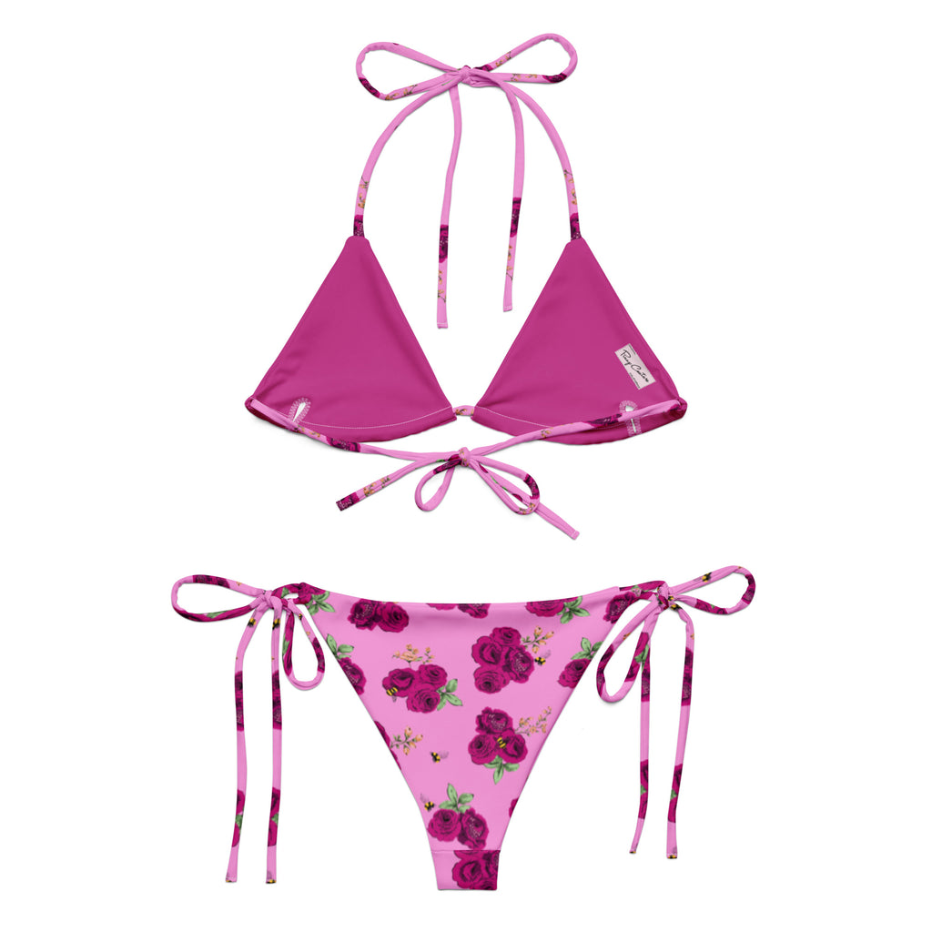 Pink Bee Floral recycled string bikini set, back view, by Pinup Girl Clothing