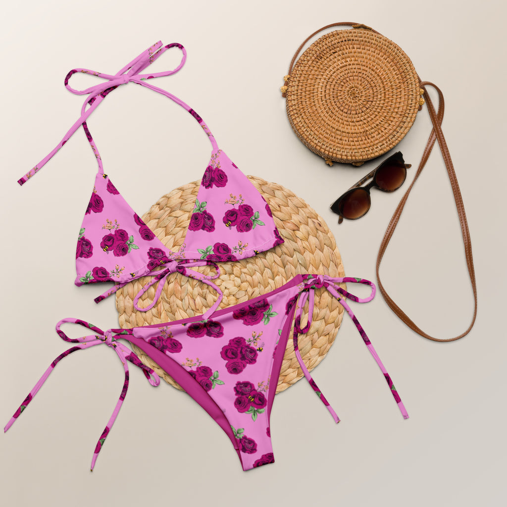 Pink Bee Floral recycled string bikini set with adjustable straps, by Pinup Girl Clothing