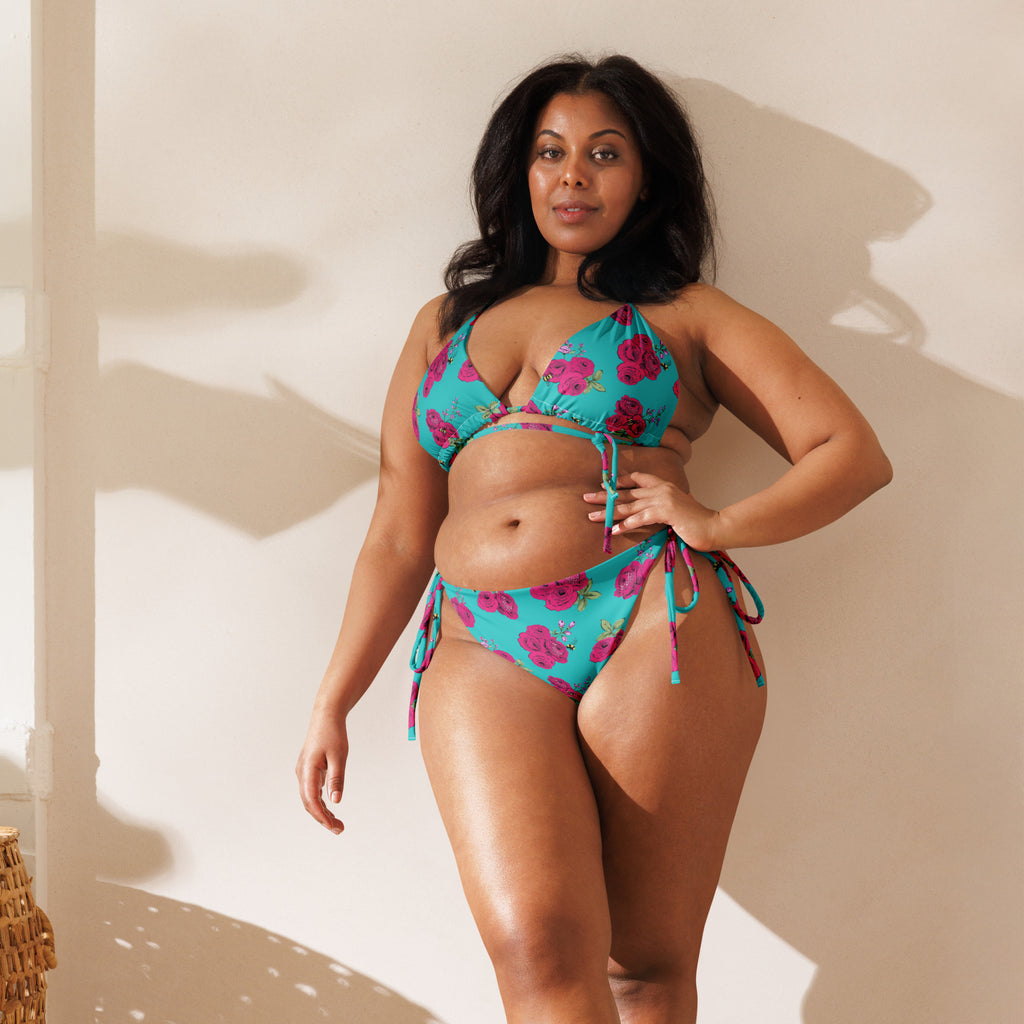 Turquoise Bee Floral recycled string bikini set with adjustable straps, by Pinup Girl Clothing