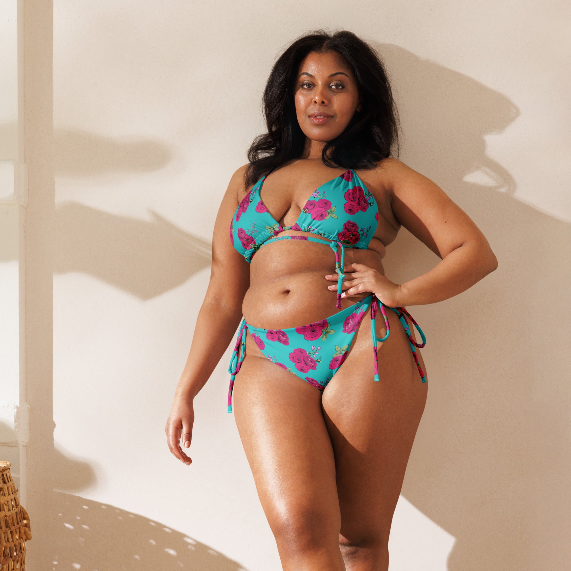 Turquoise Bee Floral recycled string bikini set with adjustable straps, by Pinup Girl Clothing