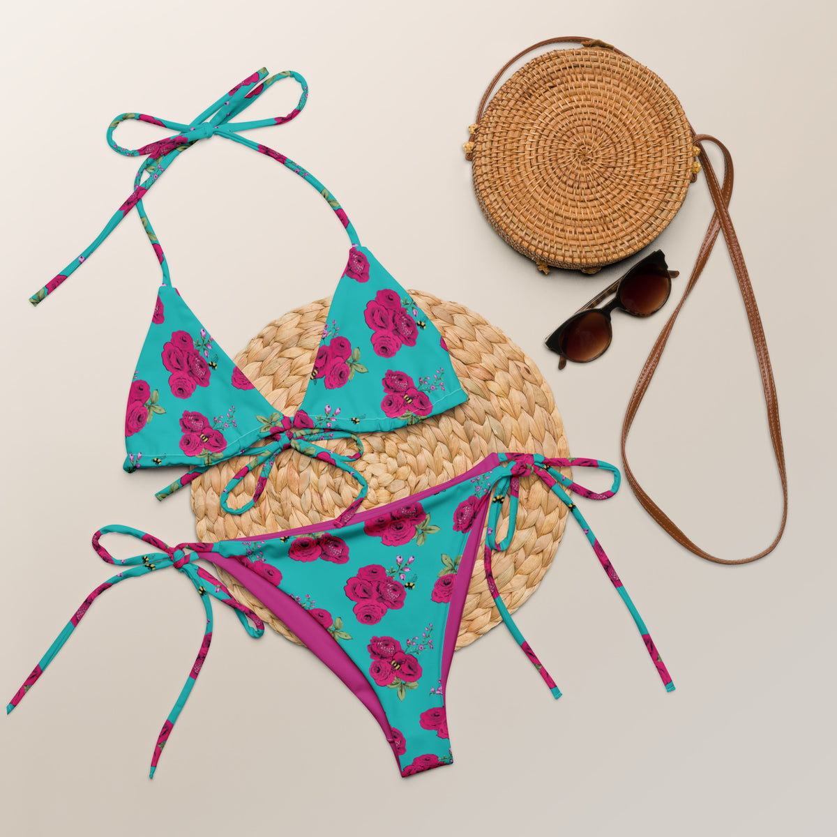 Turquoise Bee Floral recycled string bikini set with adjustable straps, by Pinup Girl Clothing