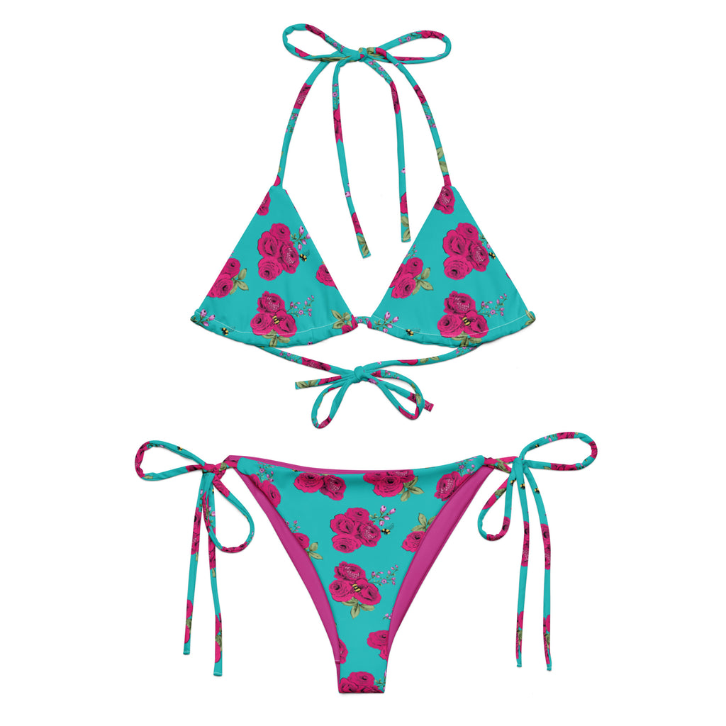 Turquoise Bee Floral recycled string bikini set with adjustable straps, by Pinup Girl Clothing