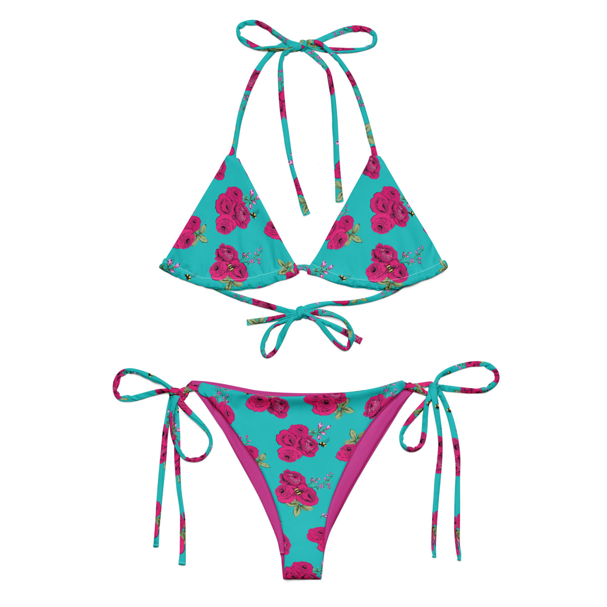 Turquoise Bee Floral recycled string bikini set with adjustable straps, by Pinup Girl Clothing