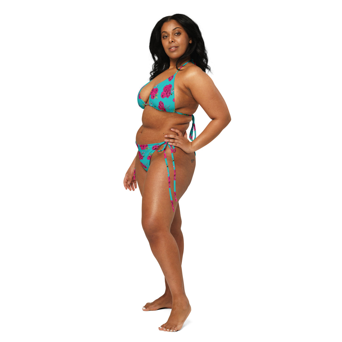 Turquoise Bee Floral recycled string bikini set with adjustable straps, by Pinup Girl Clothing