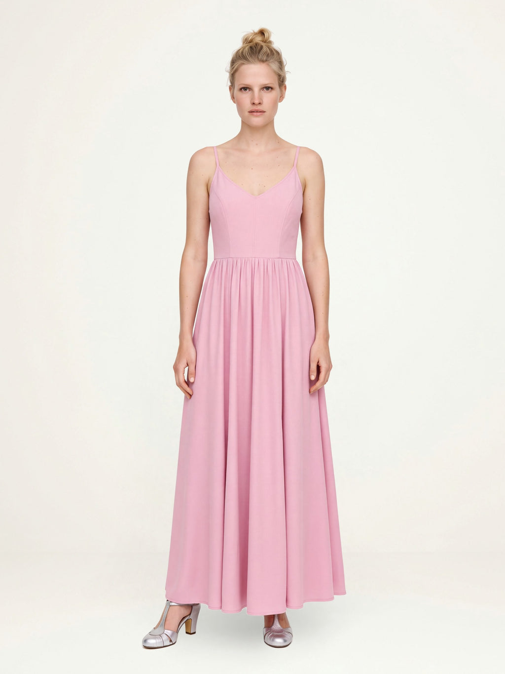 Amalie Ballerina Daytime Maxi Gown in Pinup Girl Pink, a solid pink 70s spaghetti-strap maxi dress with a seamed bodice, front view, Pinup Girl Clothing, XS to 5X