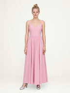 Amalie Ballerina Daytime Maxi Gown in Pinup Girl Pink, a solid pink 70s spaghetti-strap maxi dress with a seamed bodice, front view, Pinup Girl Clothing, XS to 5X